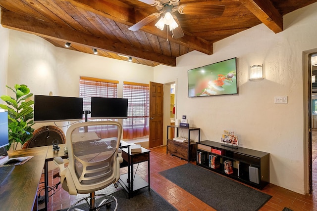 home office featuring ceiling fan, wooden ceiling, and beam ceiling