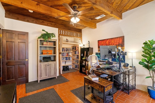 office space featuring ceiling fan, wooden ceiling, and beamed ceiling