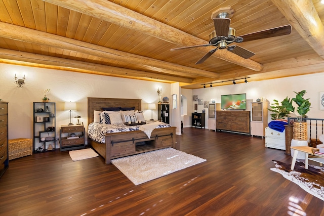 bedroom with beamed ceiling, dark hardwood / wood-style flooring, and wood ceiling