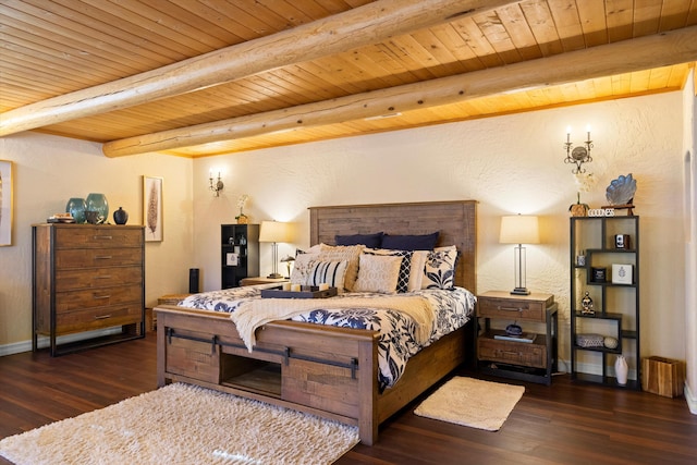 bedroom featuring wood ceiling, beam ceiling, and dark wood-type flooring