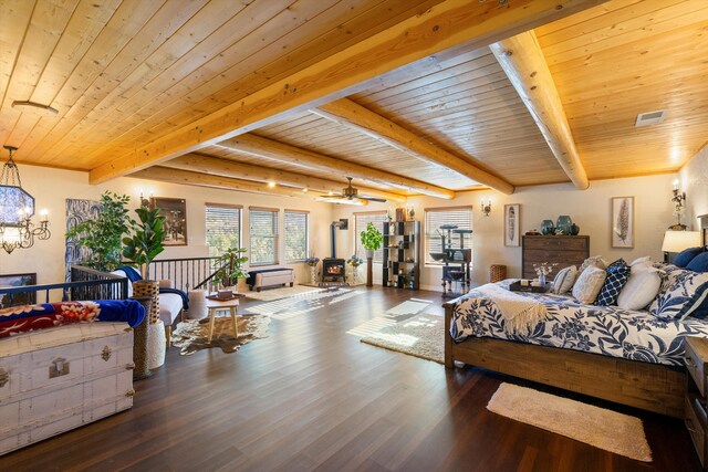 29 Sandia Ln, Placitas, NM 87043 - bedroom featuring wooden ceiling, a wood stove, wood finished floors, and beamed ceiling