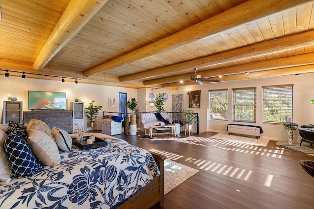 bedroom featuring beamed ceiling, wood ceiling, and dark hardwood / wood-style floors