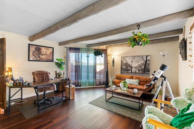 living room featuring beamed ceiling, dark hardwood / wood-style floors, and a textured ceiling