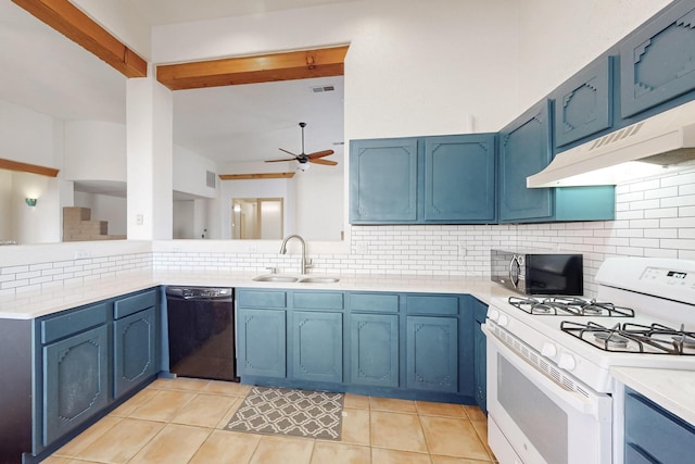 kitchen with blue cabinetry, sink, gas range gas stove, black dishwasher, and backsplash