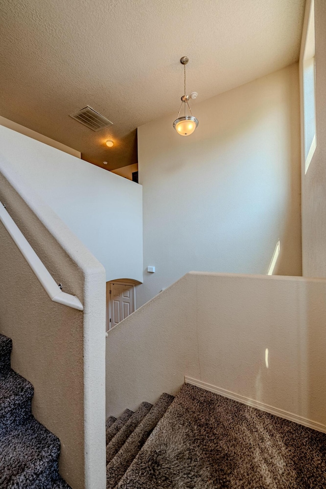 staircase featuring a textured ceiling and carpet