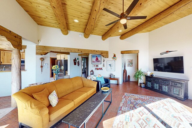 living room featuring ceiling fan, wood ceiling, and beamed ceiling