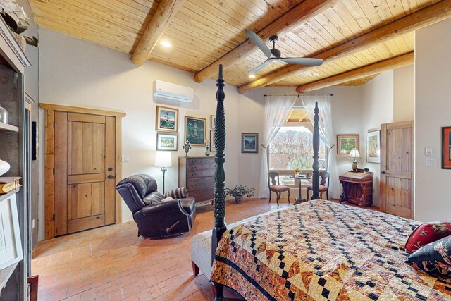 bedroom with a wall mounted air conditioner, beam ceiling, and wooden ceiling