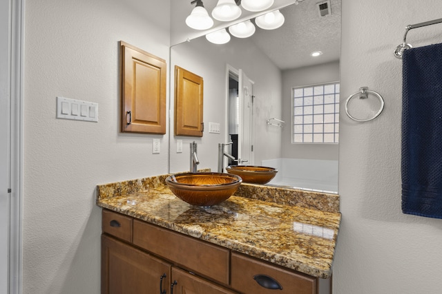 bathroom with vanity, a textured ceiling, and a washtub