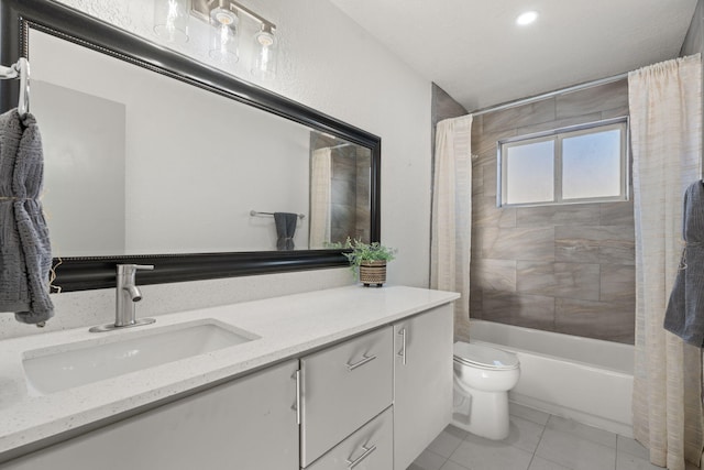 full bathroom with vanity, shower / bath combo, tile patterned floors, and toilet