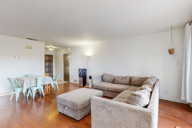 living room featuring hardwood / wood-style flooring and a textured ceiling