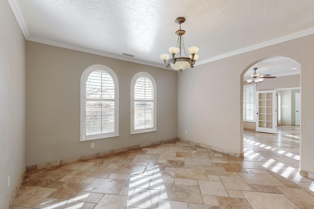 unfurnished room with ceiling fan with notable chandelier, ornamental molding, and a textured ceiling