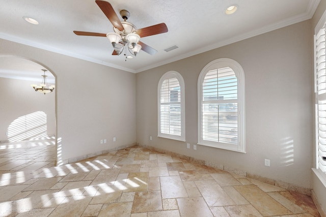 unfurnished room with crown molding and ceiling fan with notable chandelier