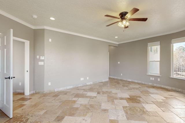 unfurnished room with crown molding, ceiling fan, and a textured ceiling