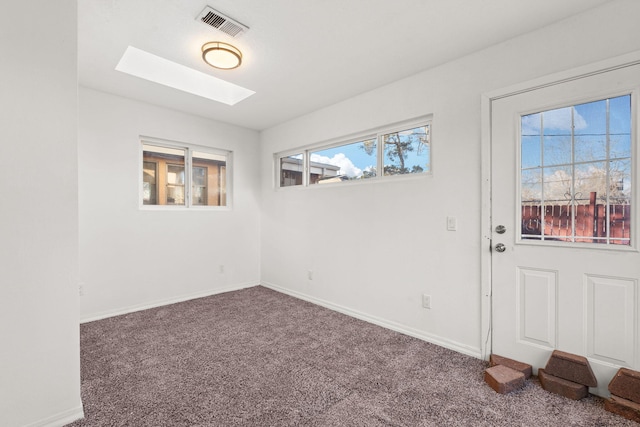 interior space with a skylight and carpet