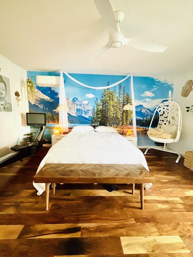 7535 Quemado Ct NE, Albuquerque, NM 87109 - bedroom featuring a ceiling fan, wood finished floors, and a wall mounted air conditioner