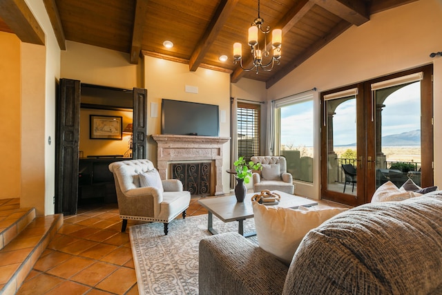 living room featuring french doors, tile patterned floors, an inviting chandelier, wood ceiling, and beamed ceiling