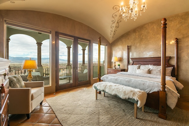 bedroom with a notable chandelier, lofted ceiling, tile patterned flooring, and access to outside