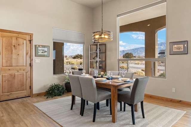 dining room featuring a mountain view and light hardwood / wood-style floors