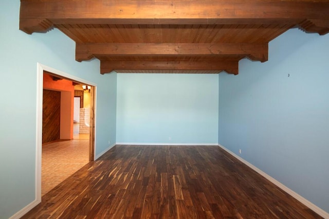 empty room featuring dark wood-style flooring, wooden ceiling, beamed ceiling, and baseboards