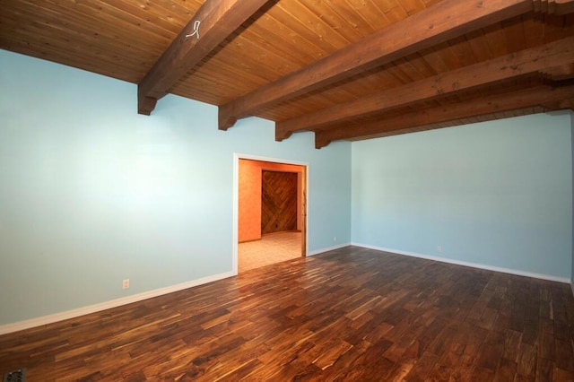 empty room with wood ceiling, baseboards, dark wood finished floors, and beam ceiling