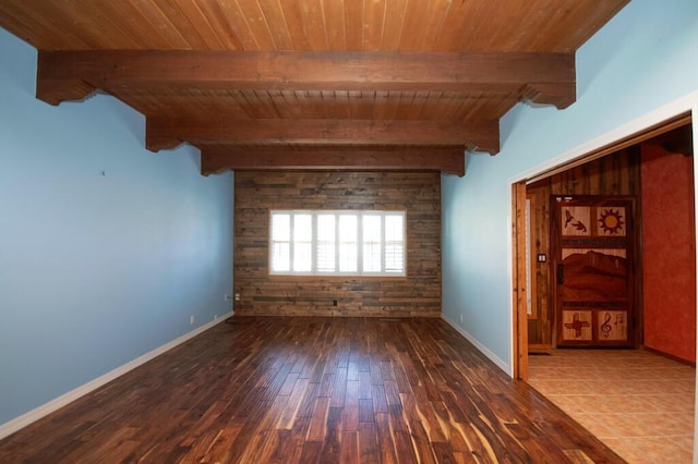 empty room with wood ceiling, baseboards, beam ceiling, and wood finished floors