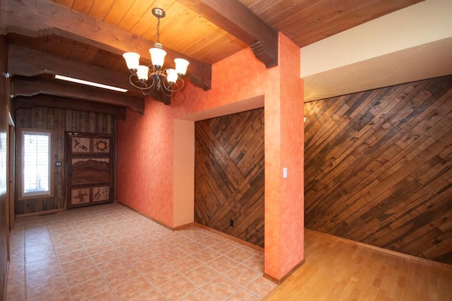 interior space featuring wooden ceiling, a notable chandelier, wood walls, and beam ceiling