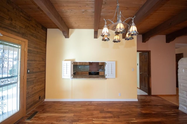 unfurnished dining area with wooden ceiling, visible vents, dark wood-type flooring, and a wealth of natural light