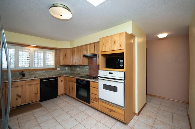 kitchen with light tile patterned floors, stone countertops, decorative backsplash, under cabinet range hood, and black appliances