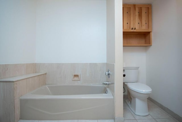 full bath with tile patterned floors, baseboards, toilet, and a bath