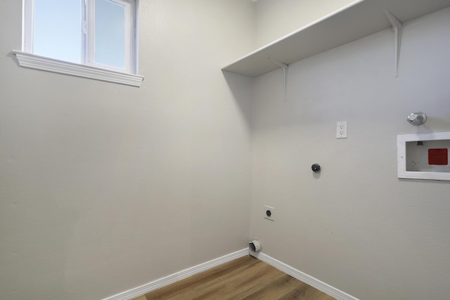 washroom featuring wood-type flooring and hookup for an electric dryer