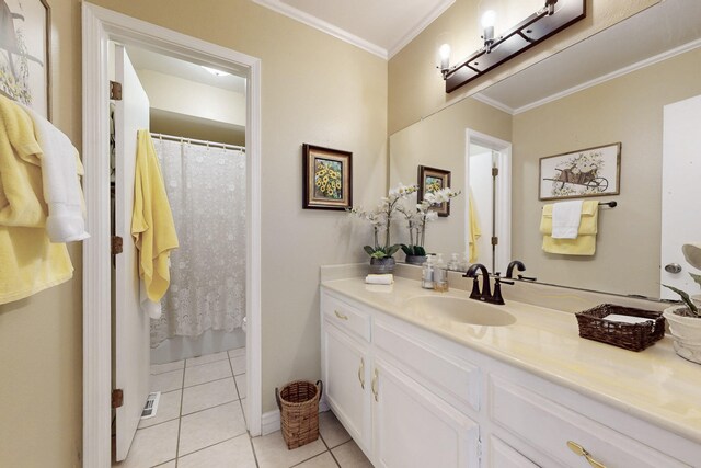 bathroom with ornamental molding, tile patterned flooring, vanity, and a shower with shower curtain