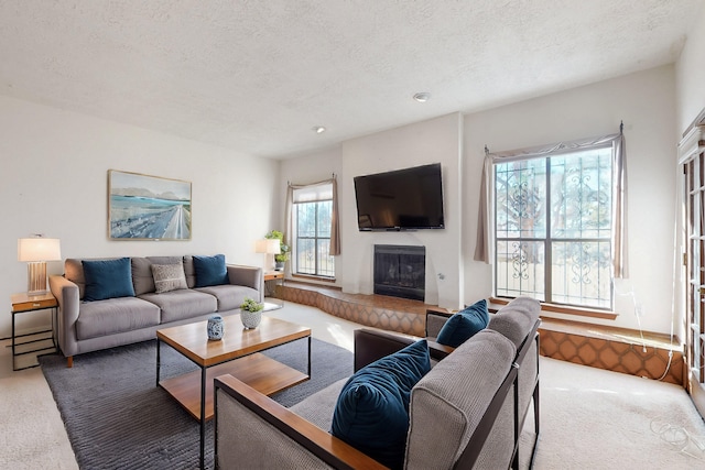 carpeted living room with a textured ceiling