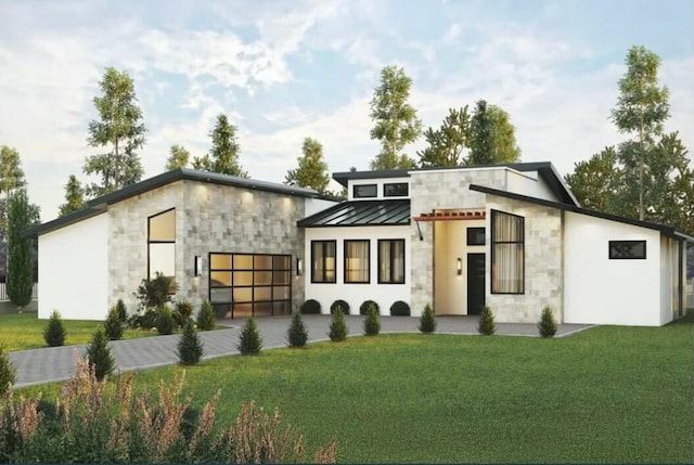 view of front of home featuring stone siding, a standing seam roof, an attached garage, and a front lawn