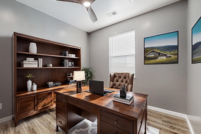 office area featuring ceiling fan and light hardwood / wood-style flooring