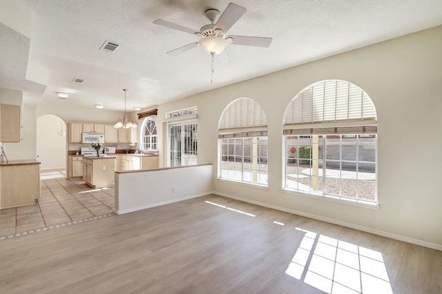 kitchen with decorative light fixtures, light wood-type flooring, and a wealth of natural light