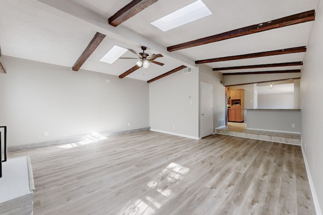 unfurnished living room featuring ceiling fan, light hardwood / wood-style flooring, and vaulted ceiling with skylight