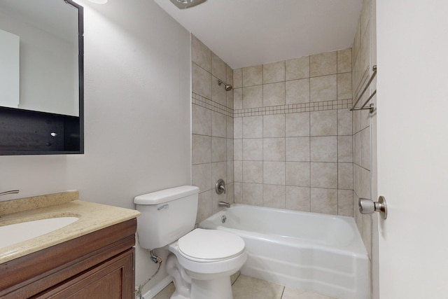 full bathroom with vanity, toilet, tiled shower / bath combo, and tile patterned flooring