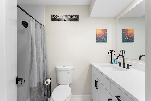 full bathroom with toilet, tile patterned floors, baseboards, and vanity