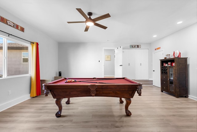 playroom with ceiling fan, pool table, and light hardwood / wood-style floors