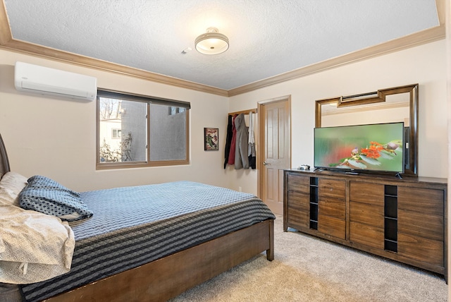 bedroom featuring crown molding, light colored carpet, a textured ceiling, and a wall unit AC