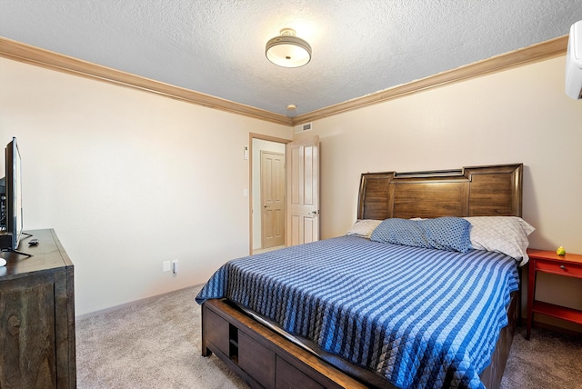 bedroom with crown molding, light carpet, and a textured ceiling