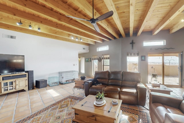 living room featuring light tile patterned floors, wood ceiling, beamed ceiling, and ceiling fan