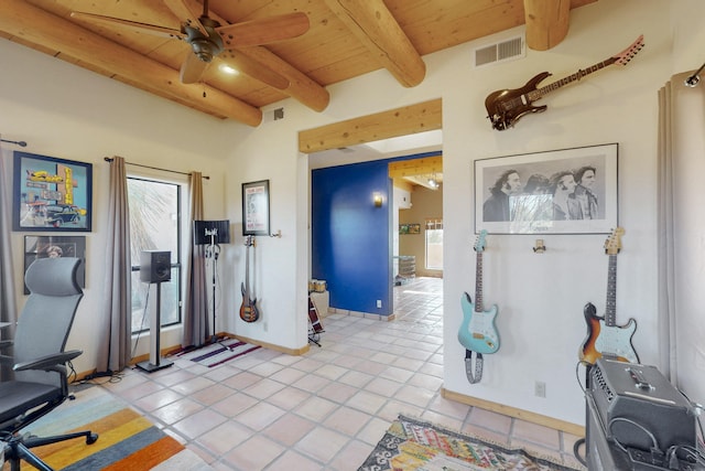 interior space featuring ceiling fan, beam ceiling, a wealth of natural light, and wooden ceiling