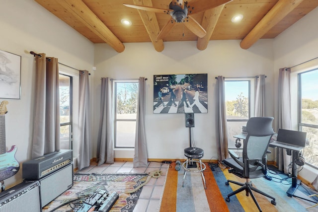 workout room with light tile patterned floors and wood ceiling