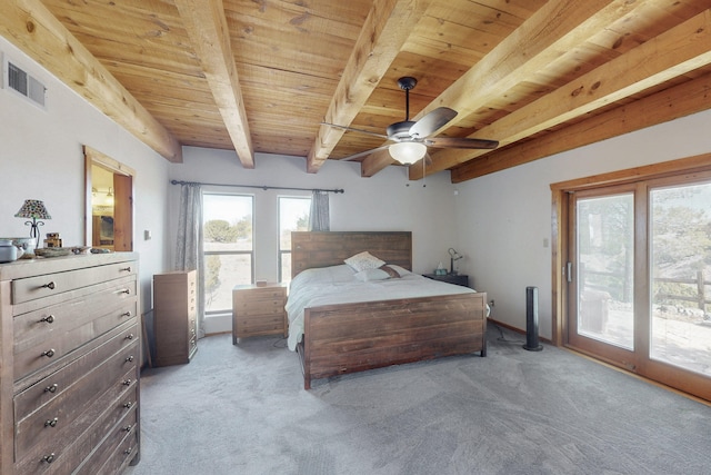 bedroom with wood ceiling, beamed ceiling, light carpet, and access to outside