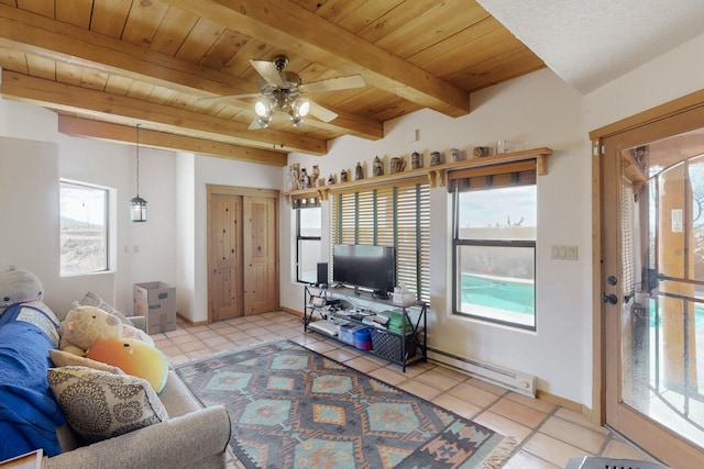 living room featuring wooden ceiling, light tile patterned floors, beamed ceiling, ceiling fan, and a baseboard heating unit