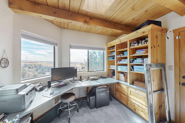 office space with light colored carpet, wooden ceiling, and beamed ceiling