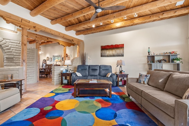 tiled living room featuring beam ceiling and wood ceiling