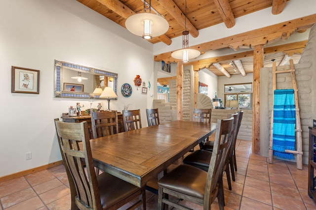 dining area featuring wood ceiling, beamed ceiling, and light tile patterned flooring