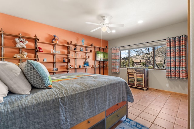 bedroom featuring light tile patterned flooring and ceiling fan